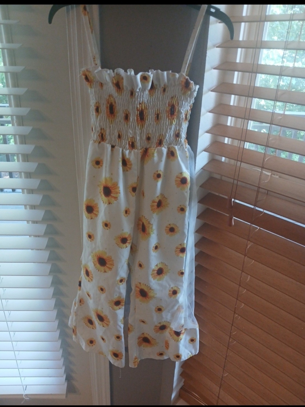 Sunflower Print White Girls' Smocked Jumpsuit